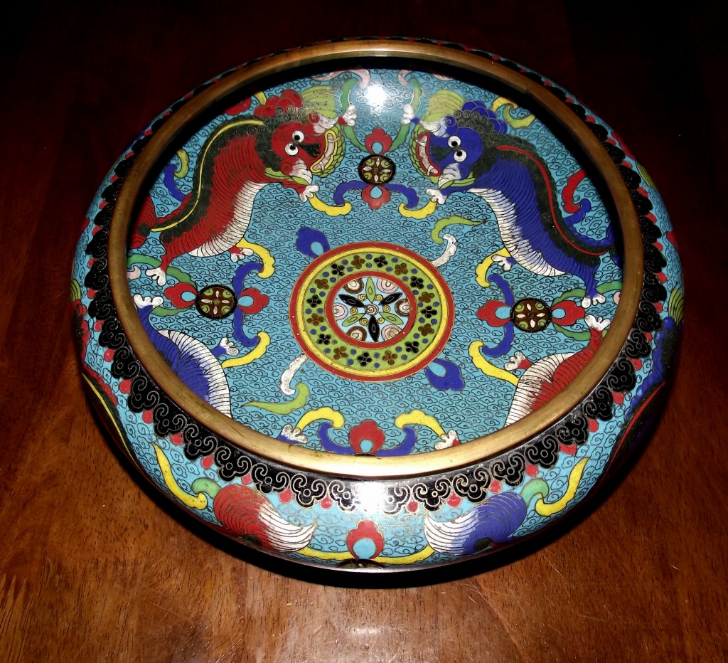 Late 19th early 20th Century Cloisonne shallow bowl 25cm in diameter in First class condition with signature panel.